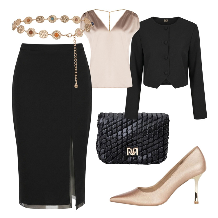 Outfit donna - Galà d'ottobre. Stile Glamour per Serata fuori. Abbinamento con gonne longuette, décolleté, blazer, borse a tracolla, top, cinture.