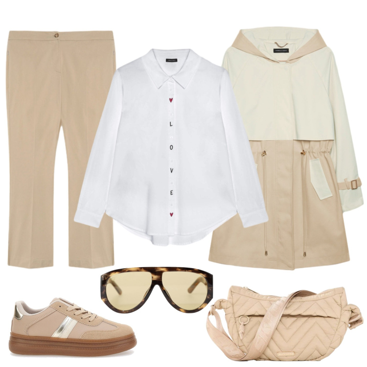 Outfit donna - L\'abbigliamento Fiorella Rubino. Stile Casual chic per Ufficio. Abbinamento con marsupi, occhiali da sole, trench, camicie, pantaloni, sneakers.