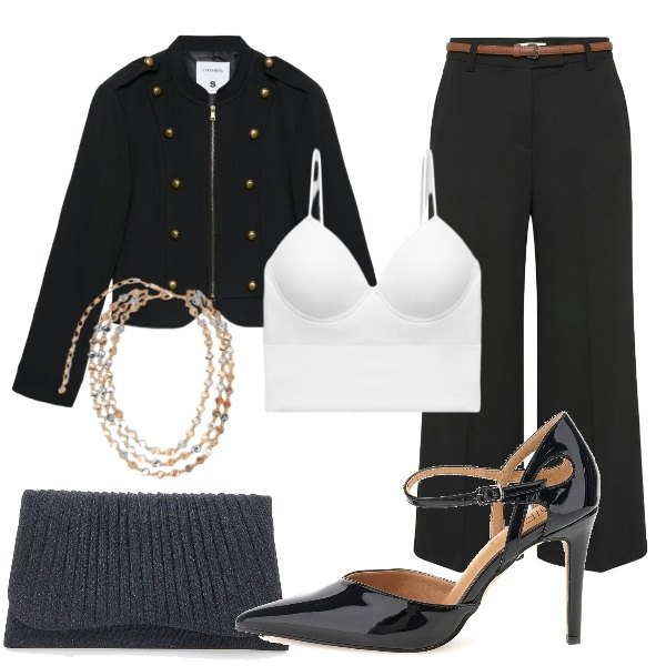 Outfit donna - Military Glam: Eleganza seducente. Stile Military per Cerimonia. look ideale per Tall. Abbinamento con pantaloni, top, blazer, collane, décolleté, clutch.