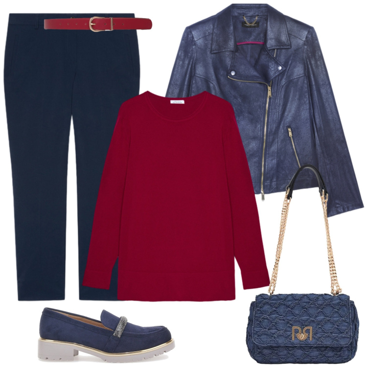 Outfit donna - Blu e rosso di classe!. Stile Casual chic per Tutti i giorni. Abbinamento con cinture, borse a spalla, blazer, pantaloni, maglieria, mocassini.