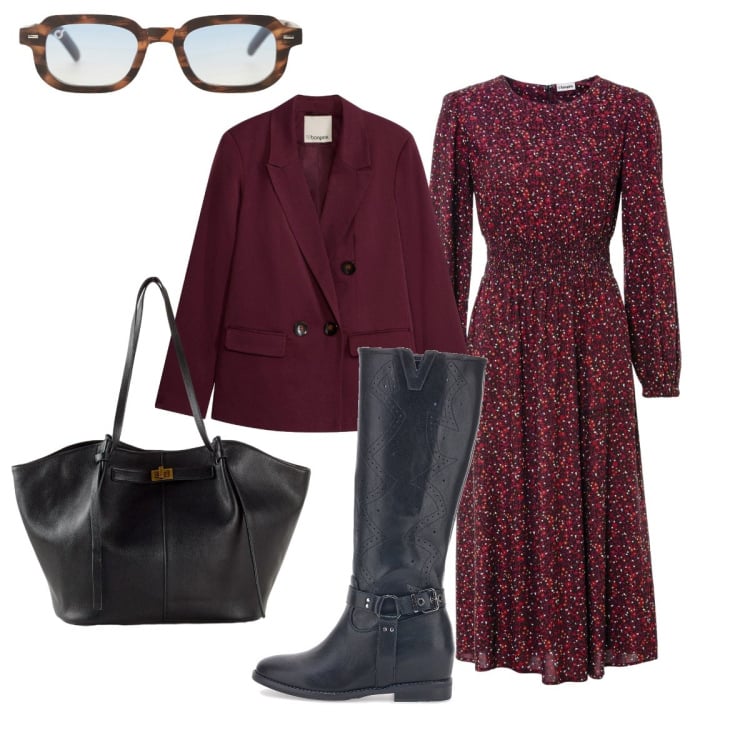 Outfit donna - In città. Stile Bon Ton per Tutti i giorni. Abbinamento con occhiali da sole, vestiti midi/longuette, stivali, blazer, shopping bag.