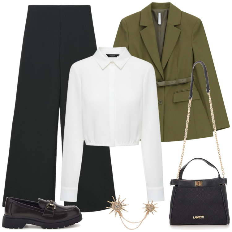 Outfit donna - I pantaloni palazzo ed il blazer. Stile Chic per Serata fuori. Abbinamento con pantaloni a palazzo, camicie, blazer, ciondoli, borse a tracolla, mocassini.