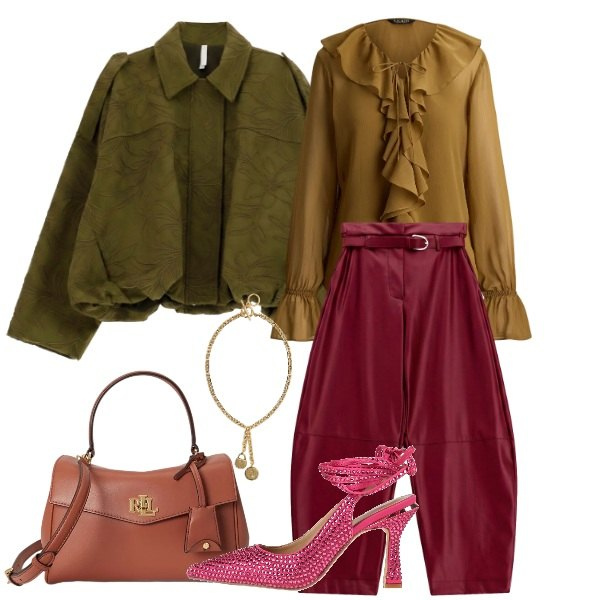 Outfit donna - Autumn Pop: Contrasti cromatici. Stile Romantica per Serata fuori. look ideale per Petite. Abbinamento con décolleté, pantaloni, bomber, borse a mano, camicie, ciondoli.