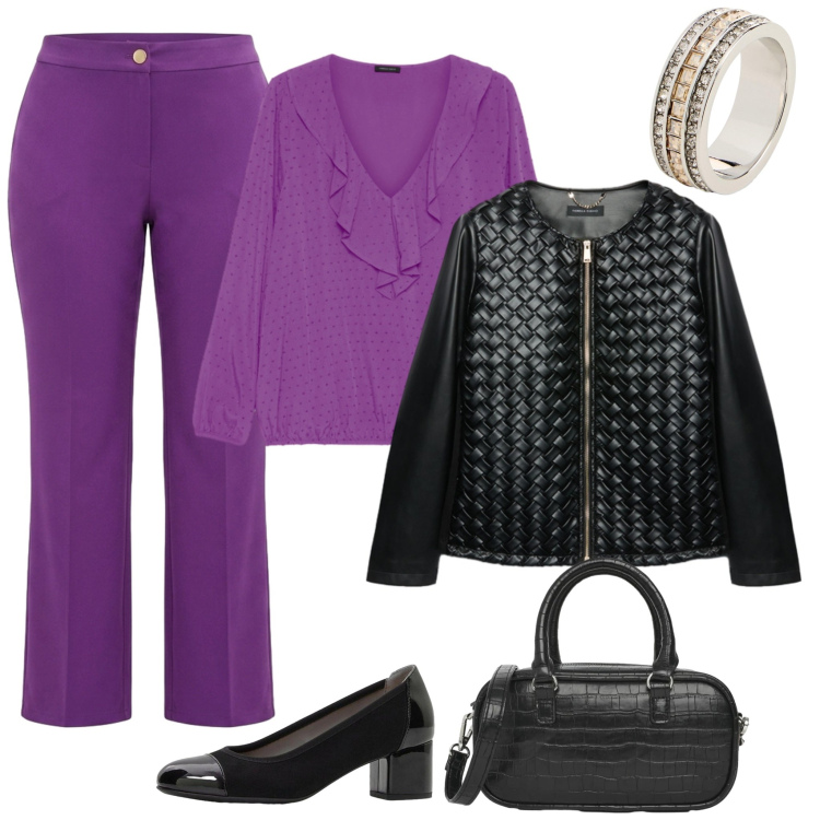 Outfit donna - Viola e nero, curvy con stile!. Stile Chic per Serata fuori. Abbinamento con décolleté, anelli, borse a tracolla, bluse, blazer, pantaloni.