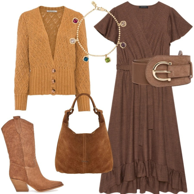 Outfit donna - Country chic. Stile Casual chic per Tutti i giorni. Abbinamento con cinture, vestiti lunghi, borse a spalla, braccialetti, cardigans, stivaletti texani.