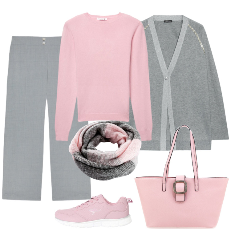 Outfit donna - Grigio e rosa, per l\'ufficio.. Stile Casual chic per Ufficio. Abbinamento con foulard, sneakers, maglieria, pantaloni, cardigans, borse a spalla.