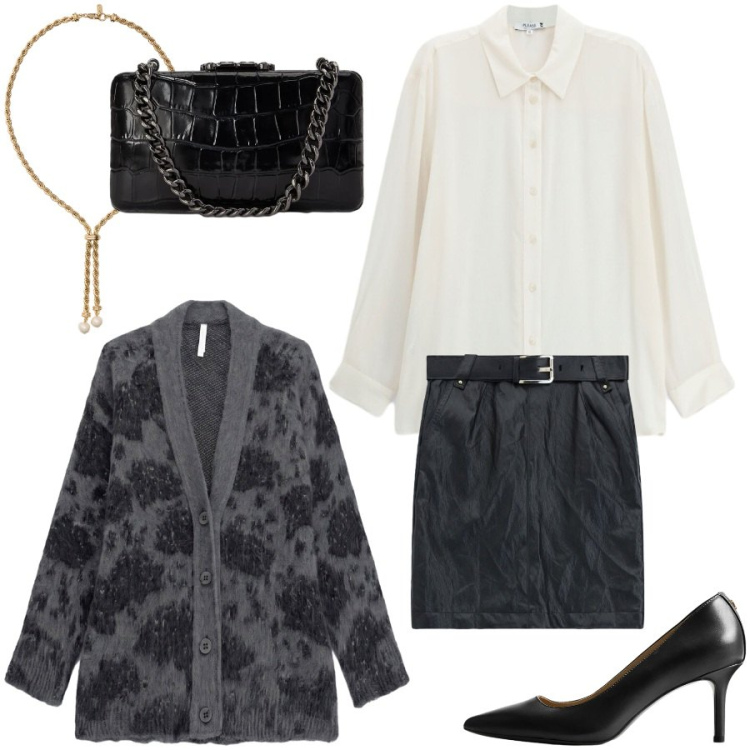 Outfit donna - Total look #2485972. Stile Chic per Serata fuori. Abbinamento con cardigans, minigonne, collane, décolleté, clutch, camicie.