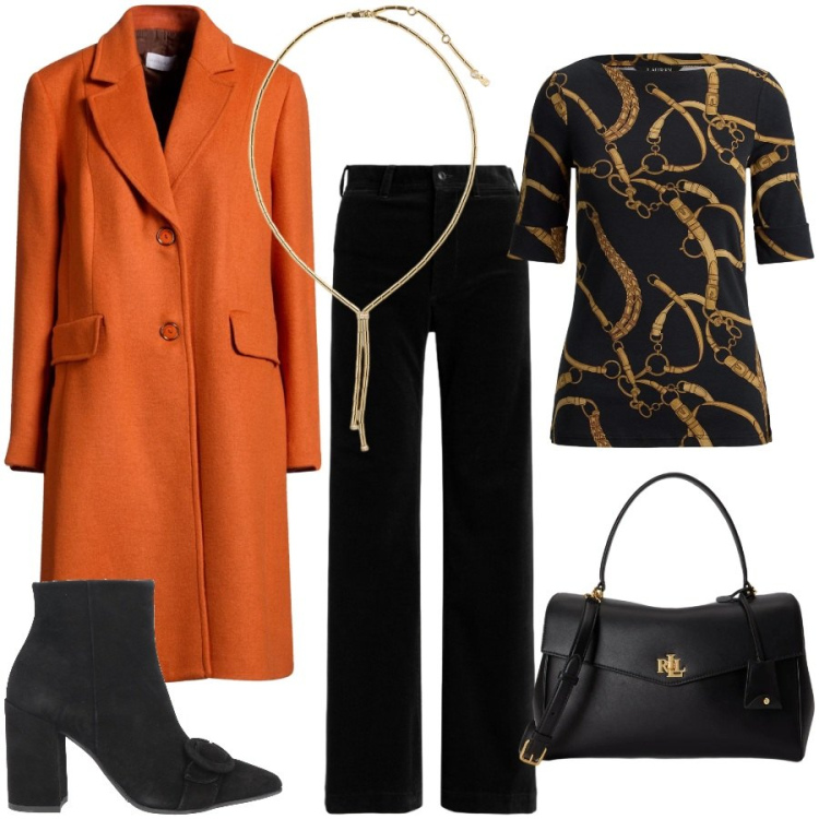 Outfit donna - Colori autunnali. Stile Chic per Serata fuori. Abbinamento con cappotti, stivaletti, borse a mano, collane, t-shirt, pantaloni.