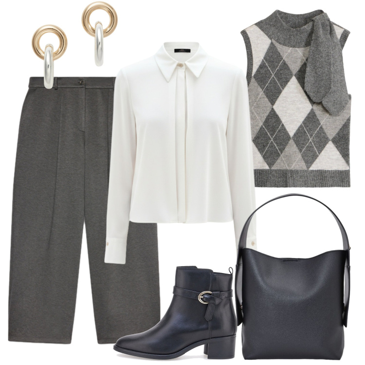 Outfit donna - Il gilet grigio di maglia a rombi. Stile Mannish per Ufficio. Abbinamento con maglieria, camicie, borse a spalla, pantaloni, orecchini, stivaletti.
