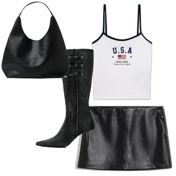 Outfit mujer - Trendy look. Estilo Trendy para Todos los días. Combinación con botas, faldas, bolsos de hombro, camisetas sin mangas.