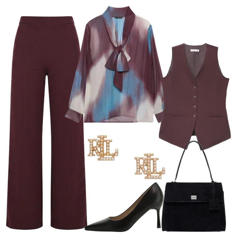 Outfit donna - Comfort e sobria eleganza. Stile Chic per Serata fuori. Abbinamento con gilet, pantaloni, décolleté, bluse, borse a mano, orecchini.