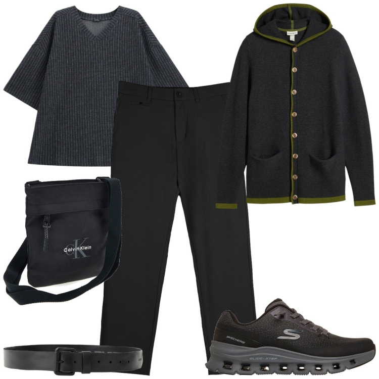 Outfit uomo - Aperitivo+cinema. Stile Casual per Tutti i giorni. Abbinamento con cinture, t-shirt, pantaloni chino, sneakers, cardigans, borse sportive.