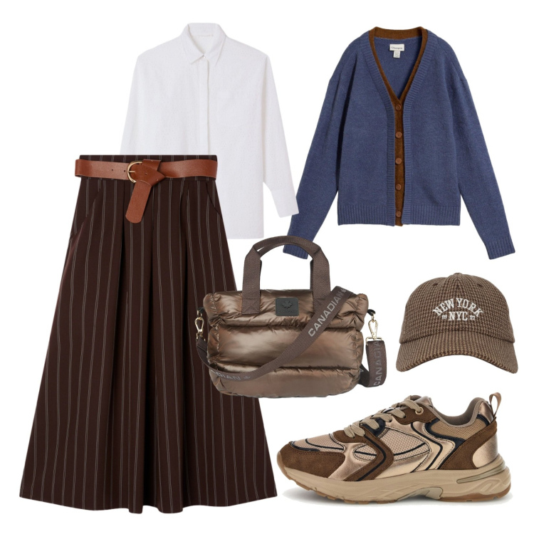 Outfit donna - Preppy style autunnale. Stile Preppy per Tutti i giorni. Abbinamento con borse a tracolla, gonne longuette, camicie, cappelli con visiera, cardigans, sneakers.