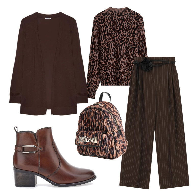 Outfit donna - Total look #2485992. Stile Casual chic per Ufficio. Abbinamento con zaini, maglieria, pantaloni a palazzo, cardigans, stivaletti.