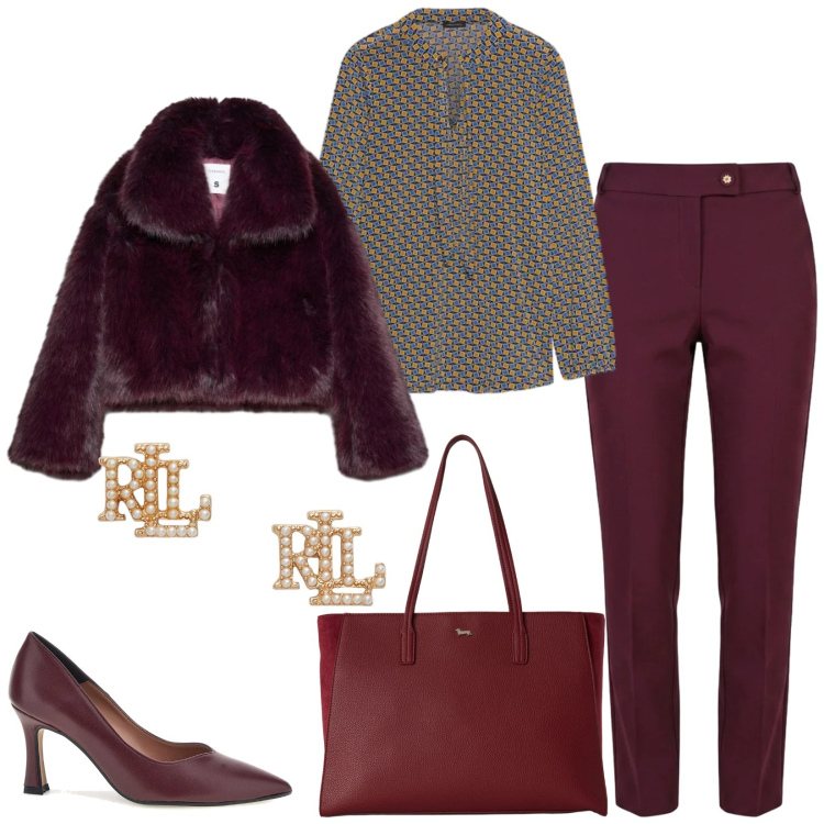 Outfit donna - Total look #2485993. Stile Casual chic per Ufficio. Abbinamento con blazer, pantaloni, shopping bag, bluse, orecchini, décolleté.