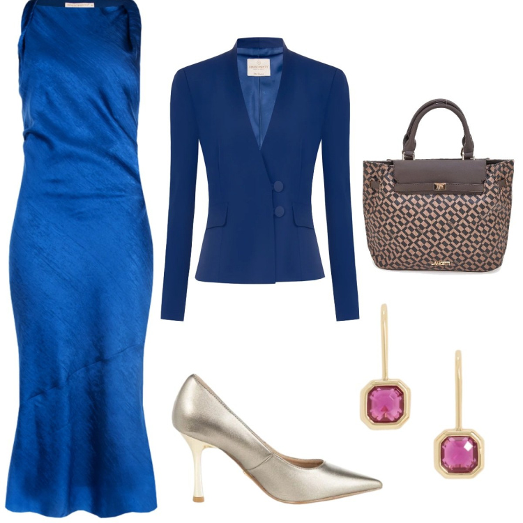 Outfit donna - Battesimo di Mirco. Stile Romantica per Tutti i giorni. Abbinamento con orecchini, décolleté, vestiti asimmetrici, blazer, borse a mano.