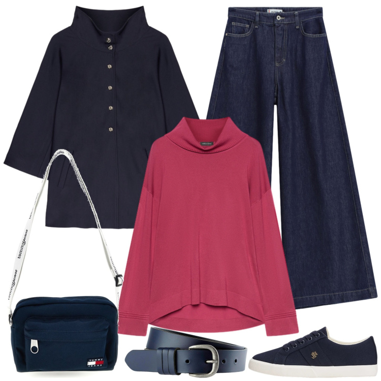 Outfit donna - I jeans a zampa e la maxi felpa. Stile Casual per Tutti i giorni. Abbinamento con cinture, jeans, blazer, maglieria, sneakers, borse a tracolla.