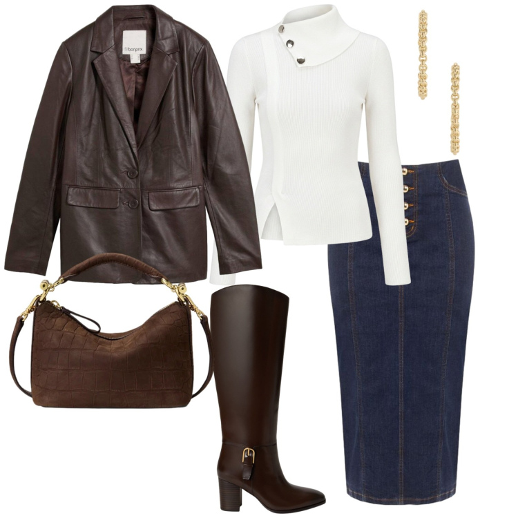 Outfit donna - Un giorno d\'autunno. per Tutti i giorni. Abbinamento con blazer, gonne longuette, pullovers, borse a spalla, stivali, orecchini.
