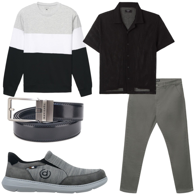 Outfit uomo - Total look #2485999. Stile Trendy per Tutti i giorni. Abbinamento con felpe, camicie a manica corta, pantaloni chino, cinture, scarpe stringate.