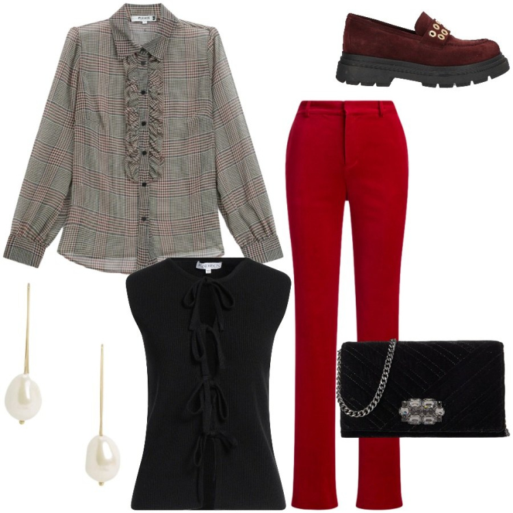 Outfit donna - Total look #2486003. Stile Casual chic per Serata fuori. Abbinamento con mocassini, cardigans, camicie, orecchini, borse a tracolla, pantaloni.