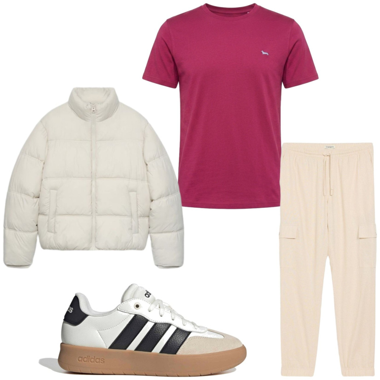 Outfit uomo - Total look #2486005. Stile Casual per Tutti i giorni. Abbinamento con t-shirt, piumini, sneakers, pantaloni cargo.