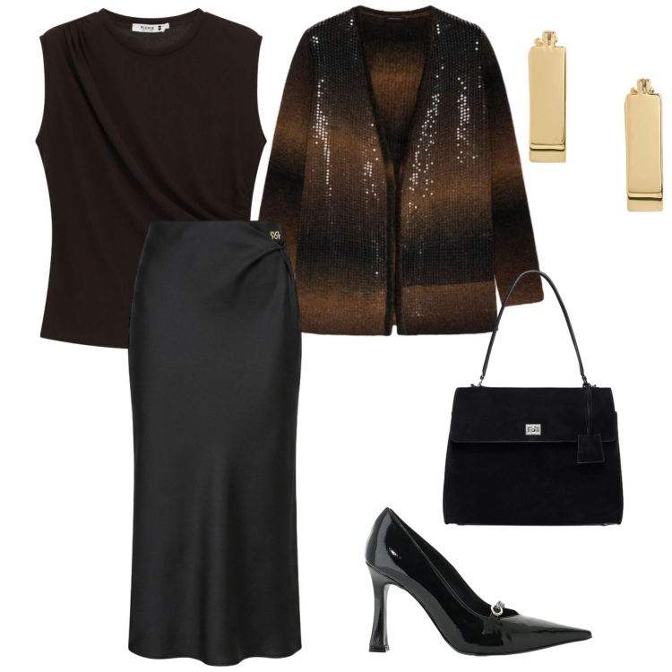 Outfit donna - A teatro. per Serata fuori. Abbinamento con décolleté, borse a mano, cardigans, orecchini, top, gonne longuette.