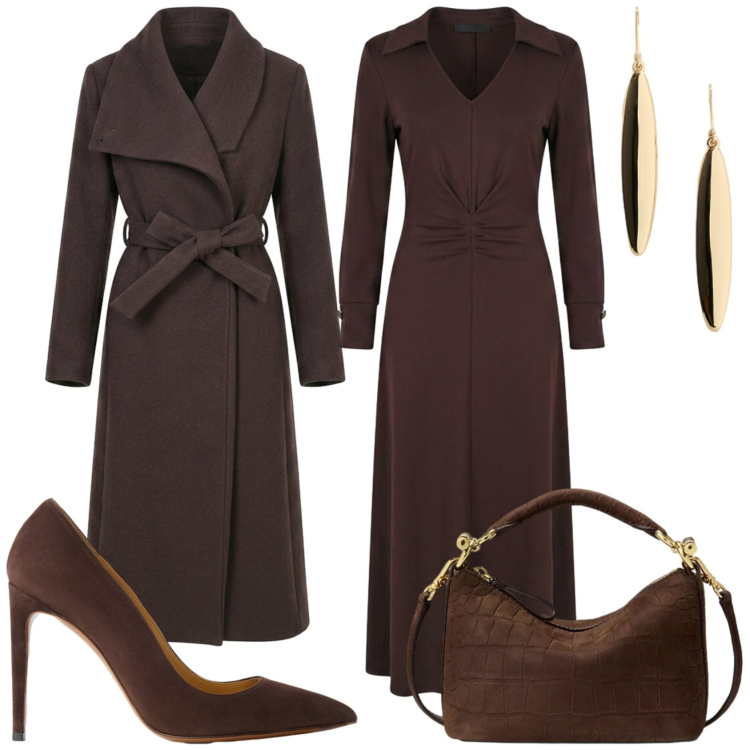 Outfit donna - Cerimonia in marrone. Stile Glamour per Cerimonia. Abbinamento con décolleté, orecchini, borse a spalla, vestiti midi/longuette, cappotti.