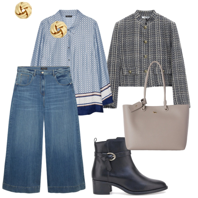 Outfit donna - Denim e giacca Chanel. per Tutti i giorni. Abbinamento con shopping bag, cappotti, camicie, jeans, orecchini, stivaletti.