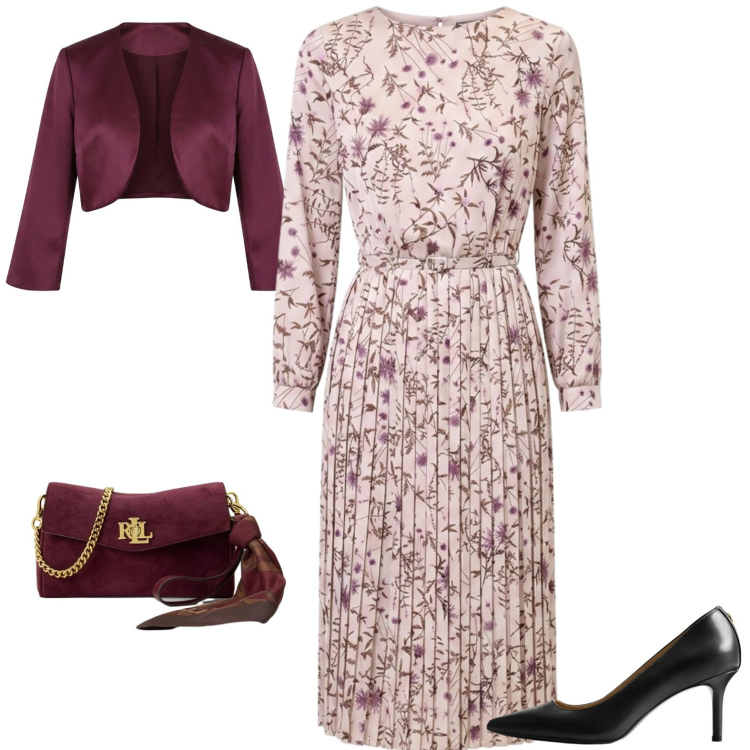 Outfit donna - Cerimonia autunnale. Stile Chic per Cerimonia. Abbinamento con vestiti midi/longuette, bolero, décolleté, borse a tracolla.