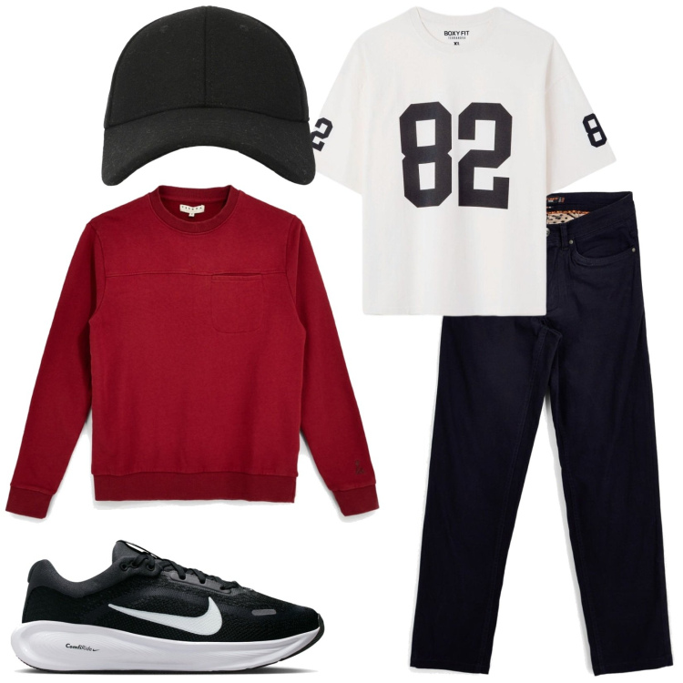Outfit uomo - Total look #2486012. Stile Casual per Tutti i giorni. Abbinamento con t-shirt, cappelli con visiera, felpe, pantaloni, sneakers.