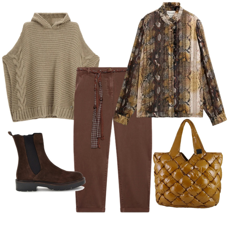 Outfit donna - Curvy in ufficio. Stile Basic per Ufficio. Abbinamento con pantaloni chino, maglieria, borse tote, stivaletti chelsea, camicie.