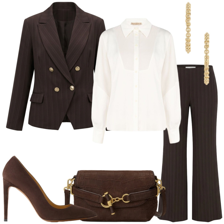 Outfit donna - Evento in marrone. Stile Glamour per Serata fuori. Abbinamento con camicie, pantaloni a palazzo, blazer, décolleté, borse a spalla, orecchini.