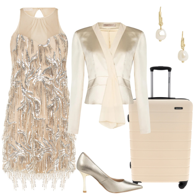 Outfit donna - Festa di compleanno a Parigi. Stile Glamour per Cerimonia. Abbinamento con orecchini, décolleté, vestiti corti, blazer, valigie.