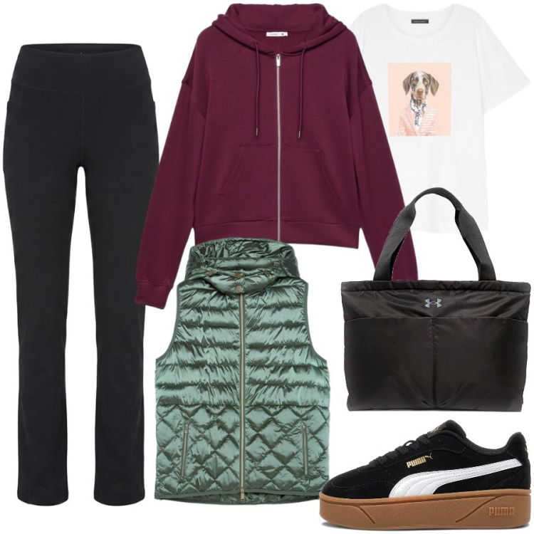Outfit donna - Sporty. Stile Sporty chic per Tutti i giorni. Abbinamento con felpe con cappuccio, piumini, t-shirt, sneakers, borse tote, pantaloni.