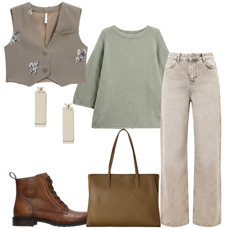 Outfit donna - Total look #2486019. Stile Casual chic per Tutti i giorni. Abbinamento con shopping bag, maglieria, gilet, orecchini, jeans dritti, anfibi.