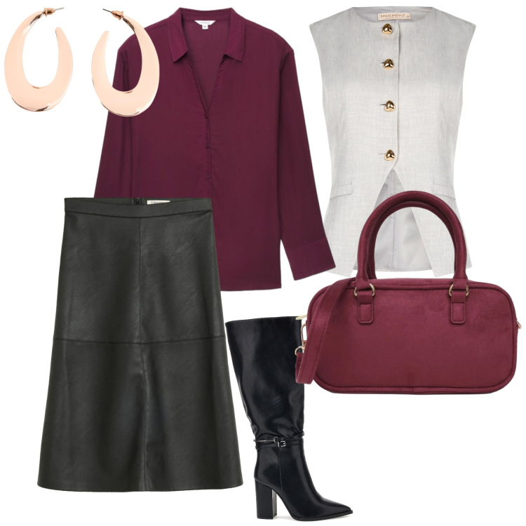 Outfit donna - A scuola. per Scuola/Università. Abbinamento con orecchini, gonne longuette, borse a tracolla, camicie, gilet, stivali.