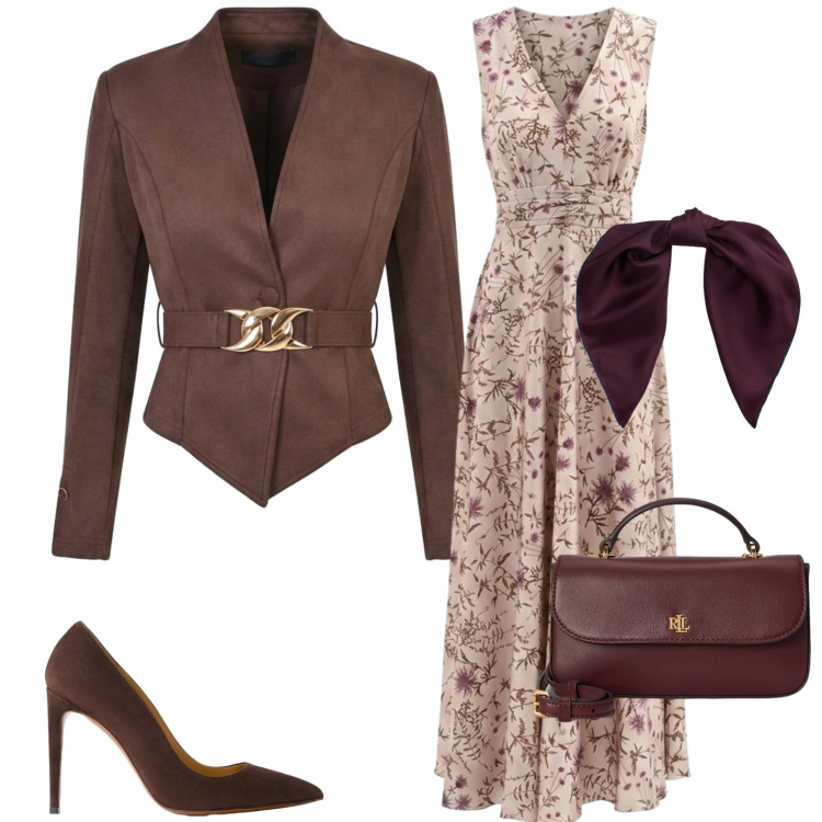 Outfit donna - Madrina autunnale. Stile Chic per Cerimonia. Abbinamento con vestiti lunghi, blazer, décolleté, borse a mano, foulard.