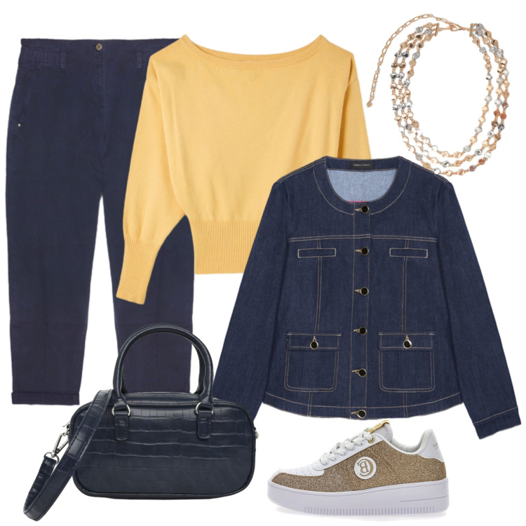 Outfit donna - Blu, giallo e le sneakers gioiello. Stile Casual chic per Tutti i giorni. Abbinamento con pullovers, borse a tracolla, collane, blazer, pantaloni, sneakers alte.