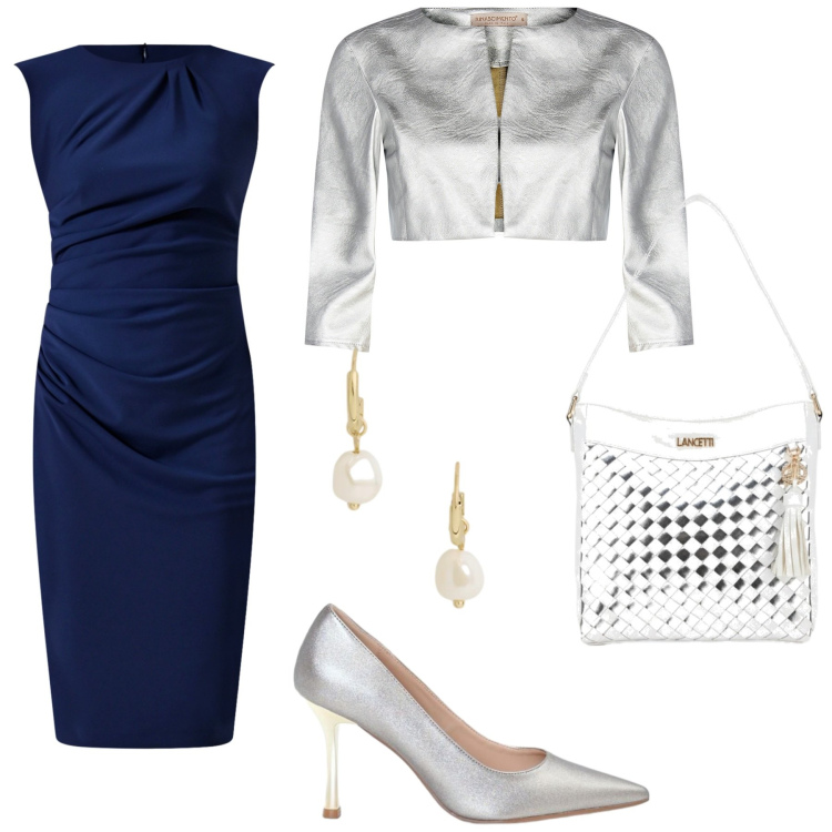 Outfit donna - Notte stellata - Blu & Silver. Stile Glamour per Cerimonia. Abbinamento con bolero, vestiti a tubino, décolleté, orecchini, borse a spalla.