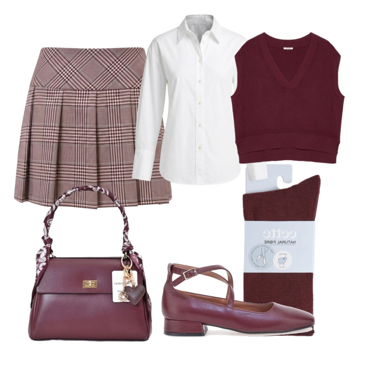 Outfit donna - Collegiale. Stile Preppy per Serata fuori. Abbinamento con minigonne, borse a mano, camicie, maglieria, calzini, ballerine.