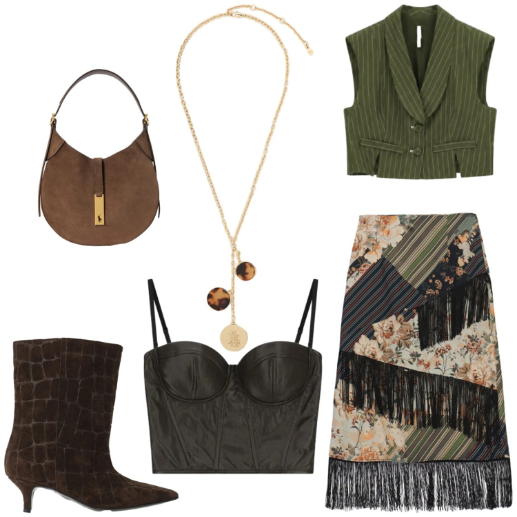 Outfit donna - Total look #2486037. Stile Chic per Serata fuori. Abbinamento con gonne longuette, top, stivali, gilet, collane, borse a spalla.