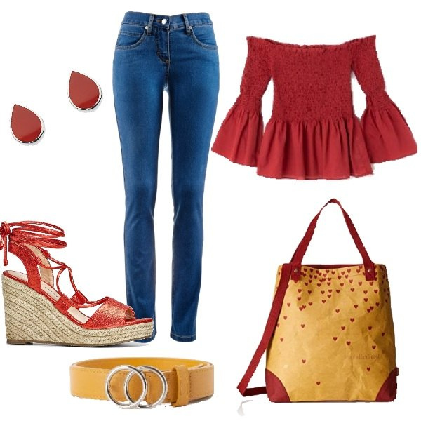 Outfit donna - Un giro di shopping. Stile Basic per Tutti i giorni. Abbinamento con jeans dritti, sandali con zeppe, blusa a zampa con scollo tinta unita, cintura in ecopelle, borsa a mano cartella, orecchini a perno con pietra farfallina effetto lucido argento.