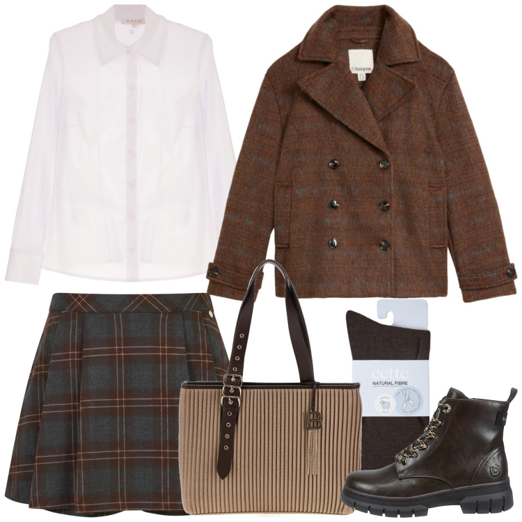Outfit donna - Scottish Style. Stile Preppy per Serata fuori. Abbinamento con calzini, camicie, minigonne, anfibi, borse a spalla, caban.