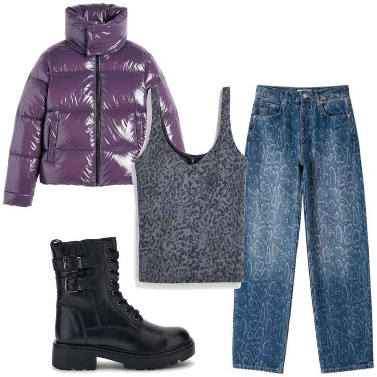 Outfit donna - Total look #2486041. Stile Urban per Tutti i giorni. Abbinamento con jeans dritti, piumini, canottiere, anfibi.