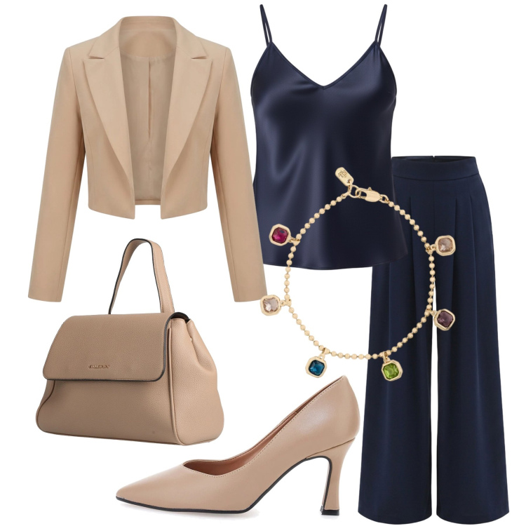 Outfit donna - Aperitivo in galleria. Stile Chic per Serata fuori. Abbinamento con zaini, canottiere, bolero, pantaloni a palazzo, braccialetti, décolleté.
