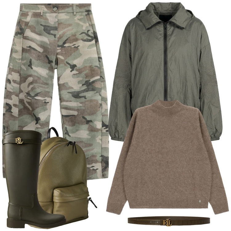 Outfit donna - Campeggio nel bosco. Stile Military per Tutti i giorni. Abbinamento con zaini, pantaloni, pullovers, stivali di gomma, cinture, blazer.