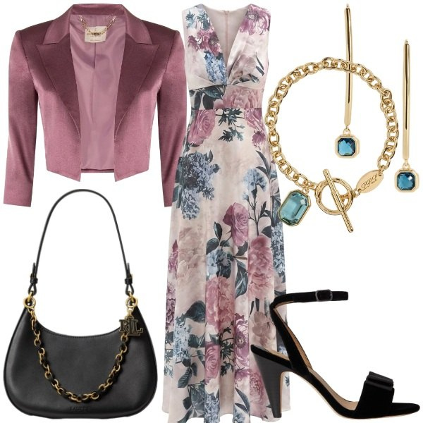 Outfit donna - Invito d\'autunno. Stile Glamour per Cerimonia. Abbinamento con vestiti lunghi, bolero, sandali col tacco, braccialetti, borse a spalla, orecchini.