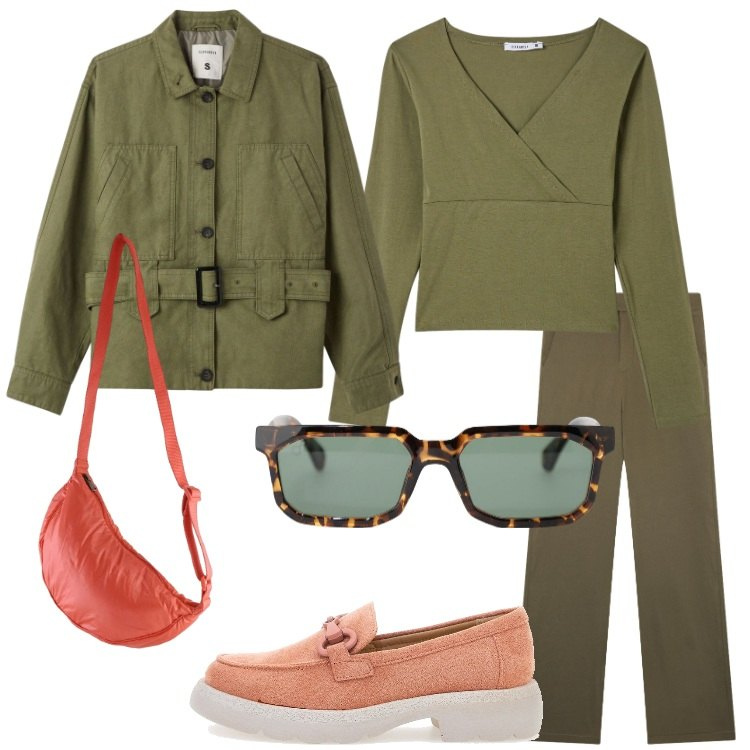 Outfit donna - Oliva e tocchi di colore. Stile Casual per Tutti i giorni. Abbinamento con cappotti, pantaloni, t-shirt, occhiali da sole, borse sportive, mocassini.