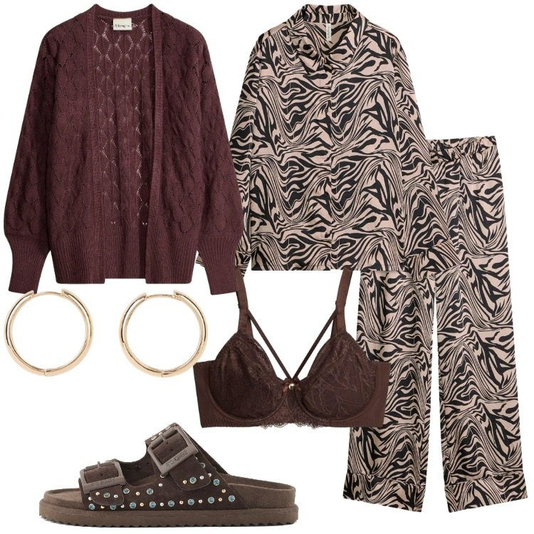 Outfit donna - Pigiama in raso e cardigan. Stile Casual chic per Tutti i giorni. Abbinamento con orecchini, reggiseni, cardigans, pigiama, sandali in pelle.