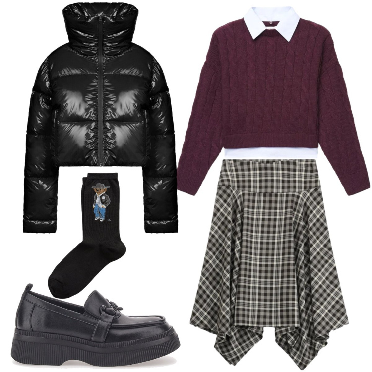 Outfit donna - Preppy stile. Stile Preppy per Scuola/Università. Abbinamento con calzini, gonne longuette, piumini, maglieria, mocassini.